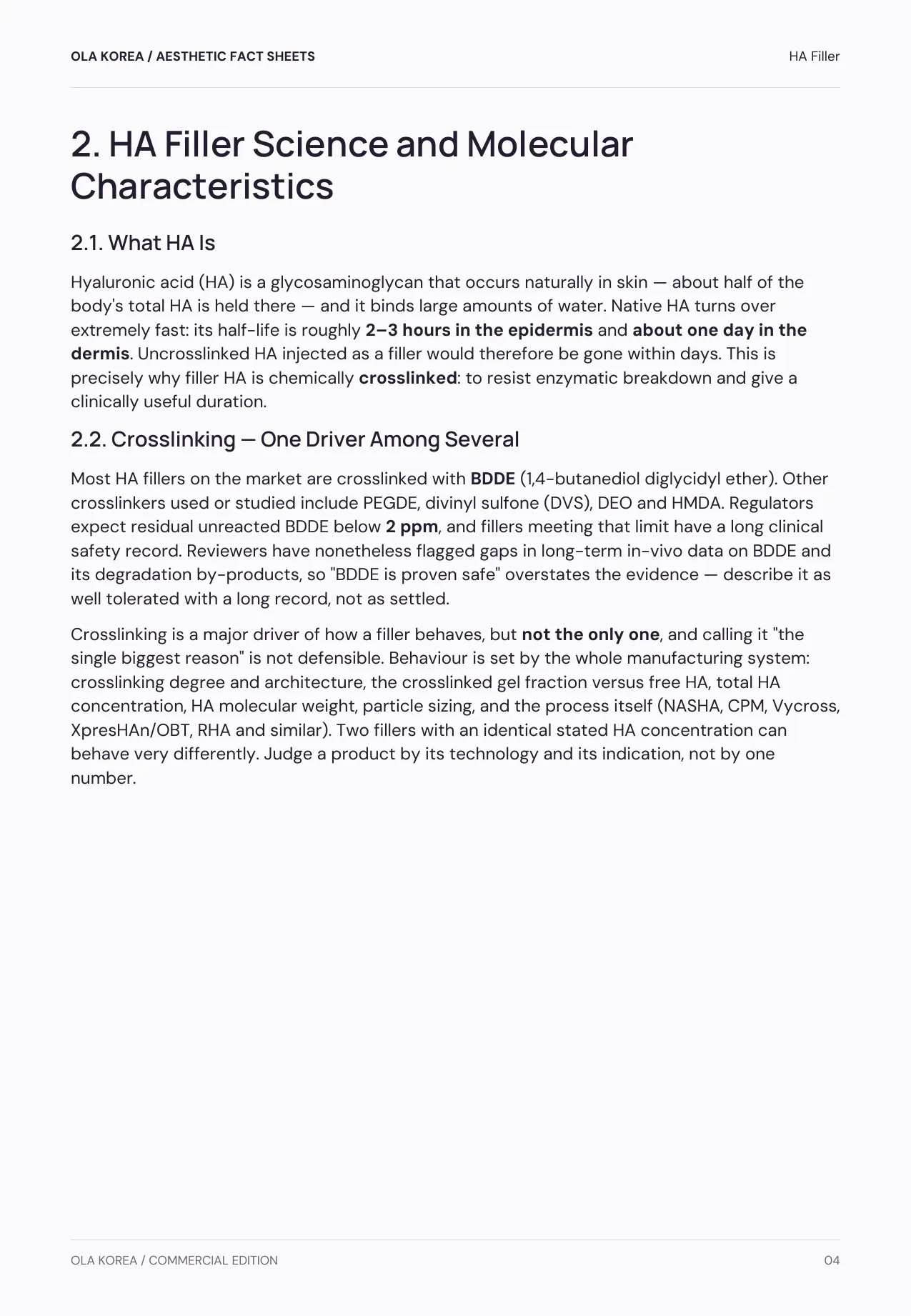 HA Filler — 2. HA Filler Science and Molecular Characteristics, PDF page 4: What HA is, and why filler HA is crosslinked.